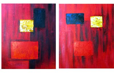 This artwork consists of two large canvas panels.  They are bright red and marked with building bloc...